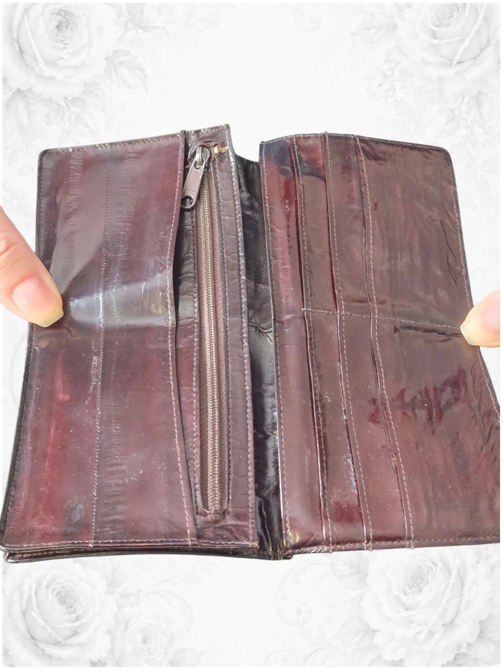 Vintage 1980s Genuine Eel Skin Checkbook Wallet Clutch Made in Korea Burgundy
